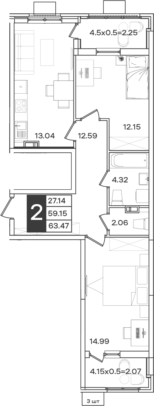 2-комн., 59.15 м², 4/9 этаж, ЖК «Сюжеты»