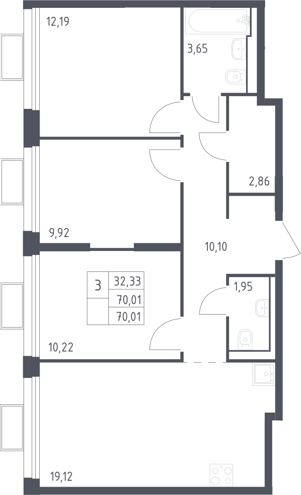 3-комн., 70.01 м², 4/24 этаж, ЖК «Квартал Строгино»