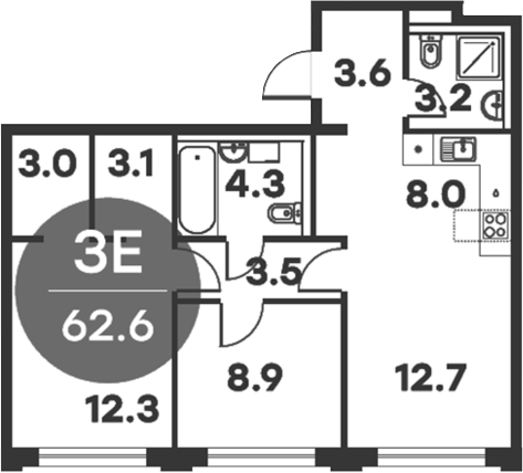 3-комн., 62.6 м², 5/6 этаж, ЖК «Равновесие»
