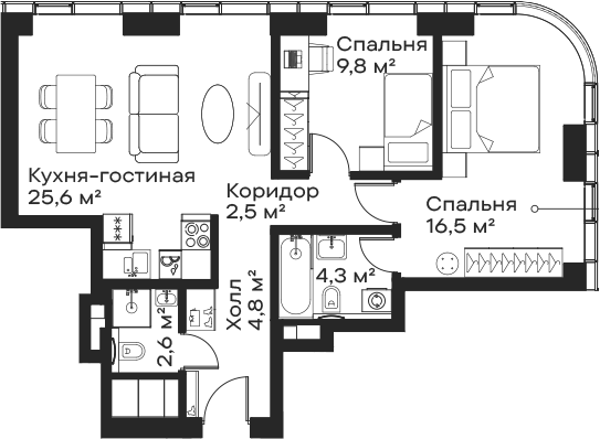3-комн., 66.1 м², 32/59 этаж, ЖК «Сити Бэй»