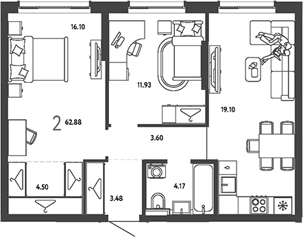 2-комн., 62.88 м², 14/18 этаж, ЖК «Страна.Парковая»