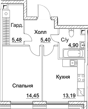 1-комн., 43.42 м², 28/28 этаж, ЖК «СЕЗАР СИТИ»