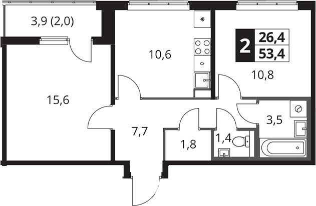 2-комн., 51.4 м², 24/25 этаж, ЖК «1-й Южный»