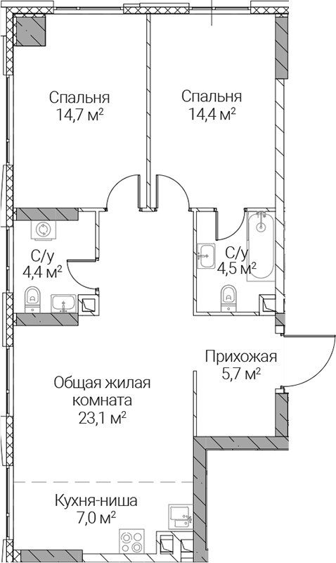 3-комн., 73.8 м², 11/36 этаж, ЖК «СЕЗАР СИЛИКА»