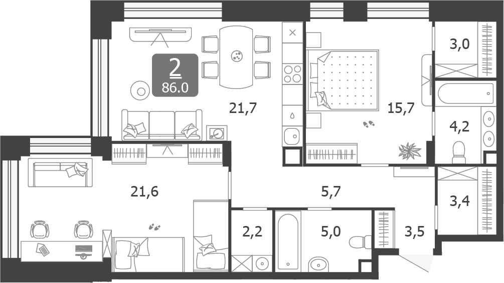 3-комн., 86 м², 9/14 этаж, ЖК «Шагал»