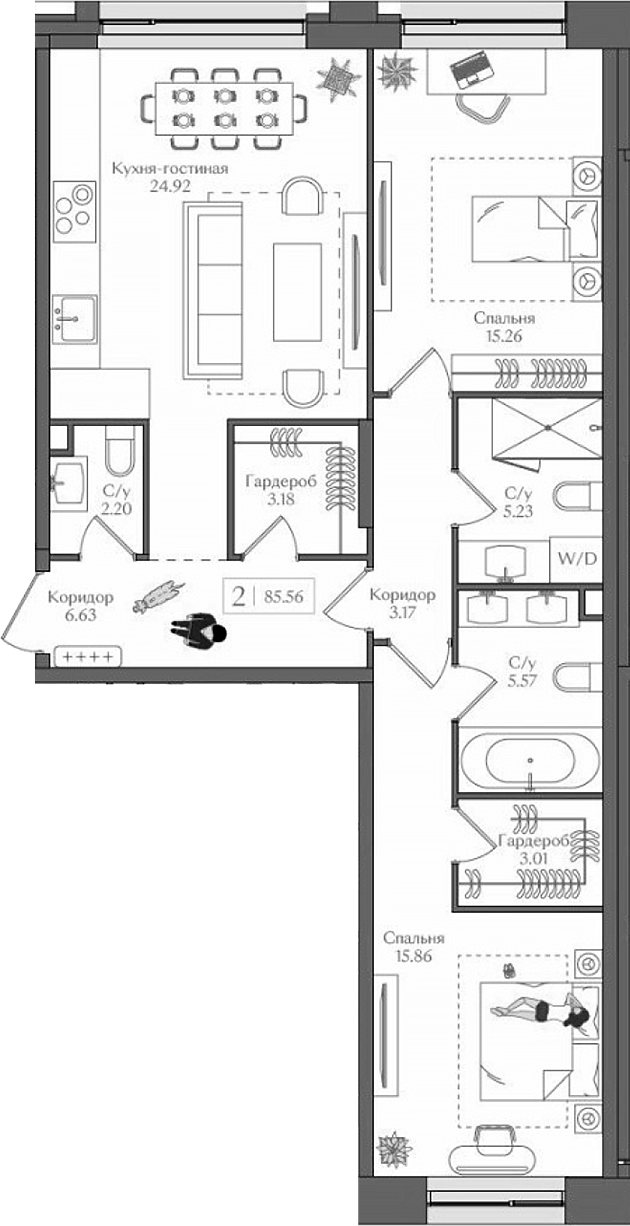 3-комн., 85.56 м², 12/15 этаж, ЖК «Преображенская площадь»