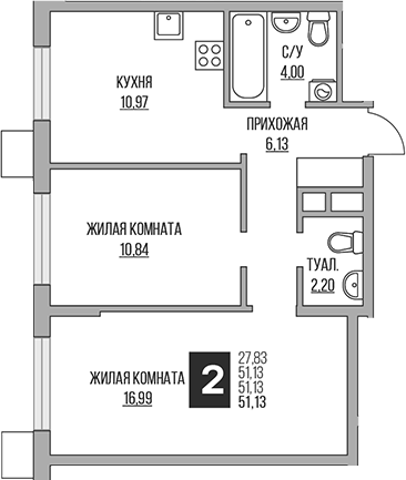 2-комн., 51.13 м², 11/14 этаж, ЖК «Гранель Притяжение Сити»