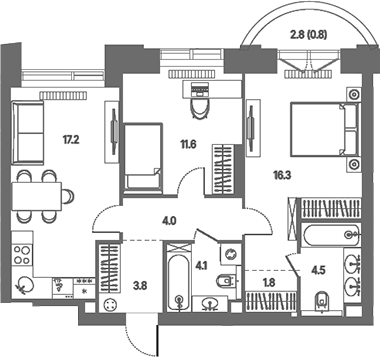 3-комн., 63.3 м², 17/39 этаж, ЖК «КОД Сокольники»