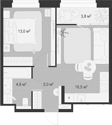 2-комн., 39.3 м², 12/18 этаж, ЖК «Гранд Комфорт»