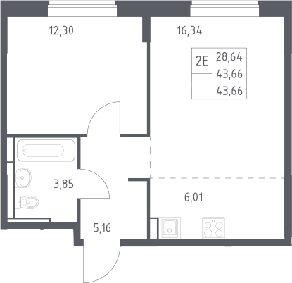 2-комн., 43.66 м², 7/12 этаж, ЖК «Богдановский лес»
