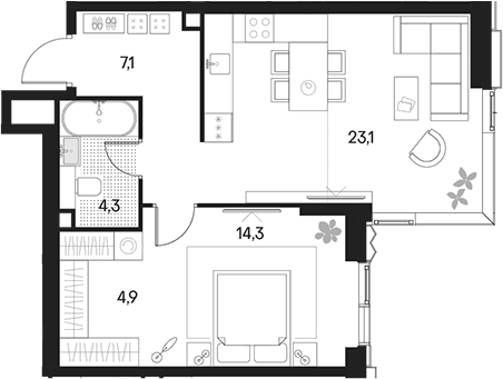 2-комн., 53.6 м², 7/22 этаж, ЖК «Клубный город на реке Примавера»