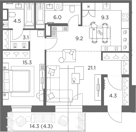 2-комн., 72.8 м², 1/6 этаж, ЖК «Станиславский»