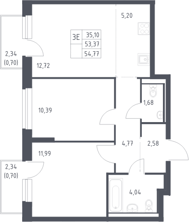 3-комн., 53.37 м², 6/17 этаж, ЖК «Горки Парк»