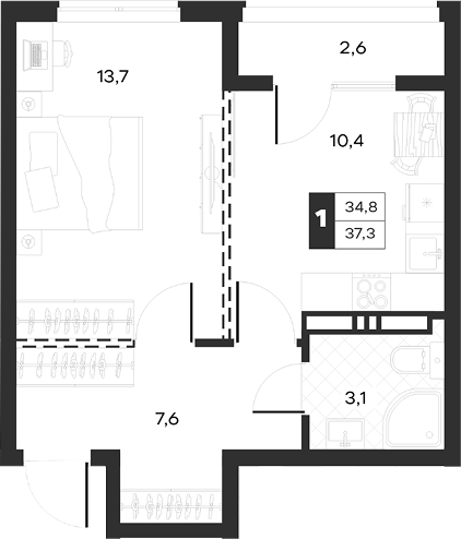 1-комн., 34.72 м², 14/17 этаж, ЖК «Луиджи»