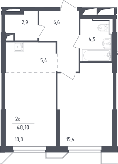 2-комн., 48.1 м², 22/30 этаж, ЖК «Скай Спутник»
