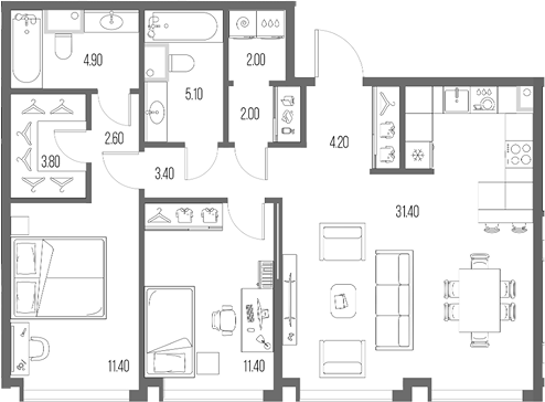 2-комн., 82.2 м², 18/20 этаж, ЖК «Северный Порт»