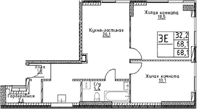 3-комн., 68.1 м², 2/29 этаж, ЖК «Наметкин Тауэр»
