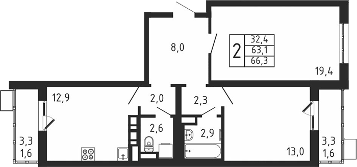 2-комн., 63.1 м², 4/9 этаж, ЖК «Пироговская ривьера. Мытищи»