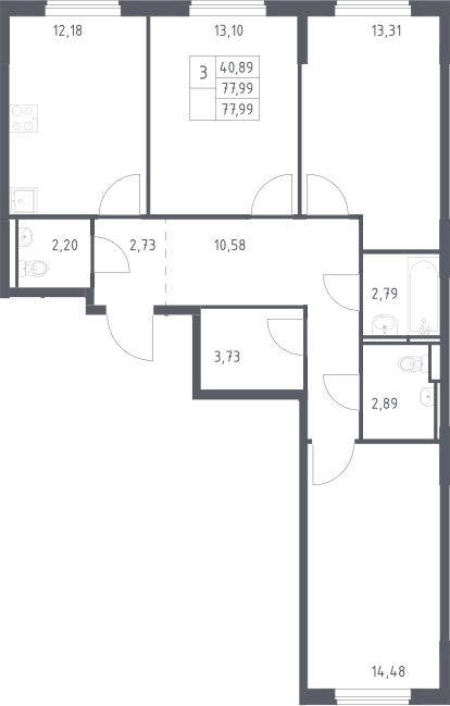 3-комн., 77.99 м², 14/17 этаж, ЖК «Мытищи Парк»