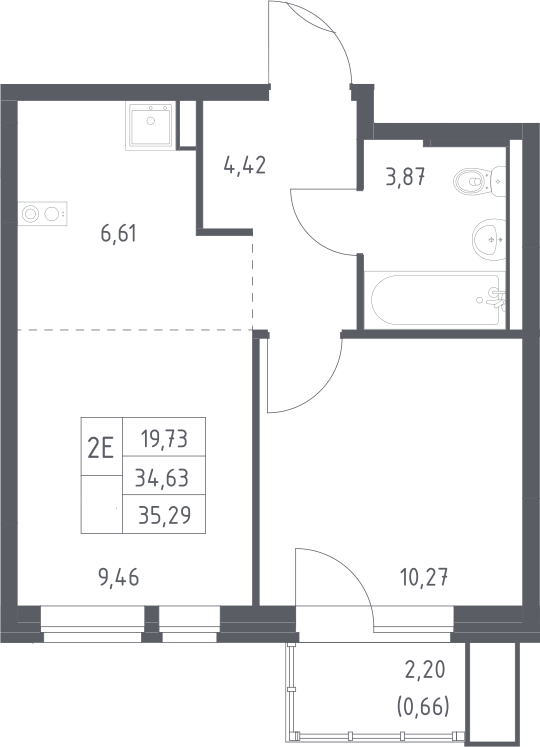 2-комн., 34.63 м², 10/12 этаж, ЖК «Квартал Авиаторов»
