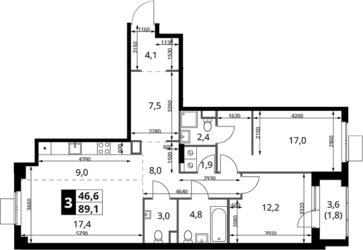 3-комн., 87.3 м², 15/15 этаж, ЖК «1-й Измайловский»