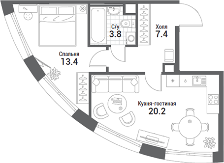 2-комн., 44.8 м², 19/35 этаж, ЖК «Нагатино Ай-Лэнд»