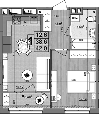 2-комн., 38.6 м², 15/18 этаж, ЖК «Гранд Комфорт»
