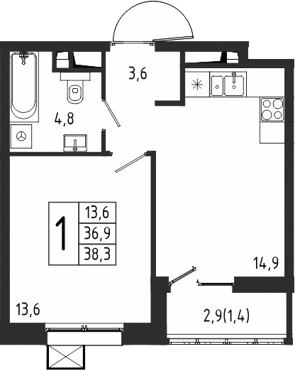 1-комн., 36.9 м², 2/10 этаж, ЖК «Берег»