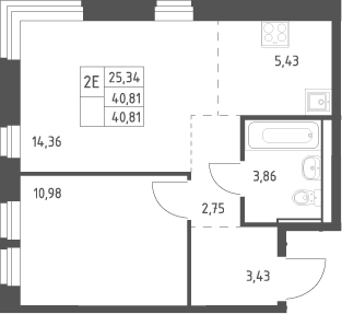 2-комн., 40.81 м², 17/17 этаж, ЖК «Квартал Ивакино»