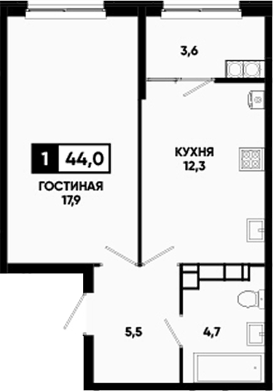 1-комн., 40.4 м², 14/16 этаж, ЖК «Кварталы 17/77»