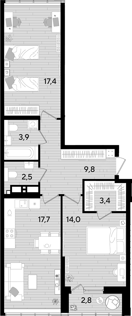2-комн., 68.7 м², 16/16 этаж, ЖК «DОГМА ПАРК»