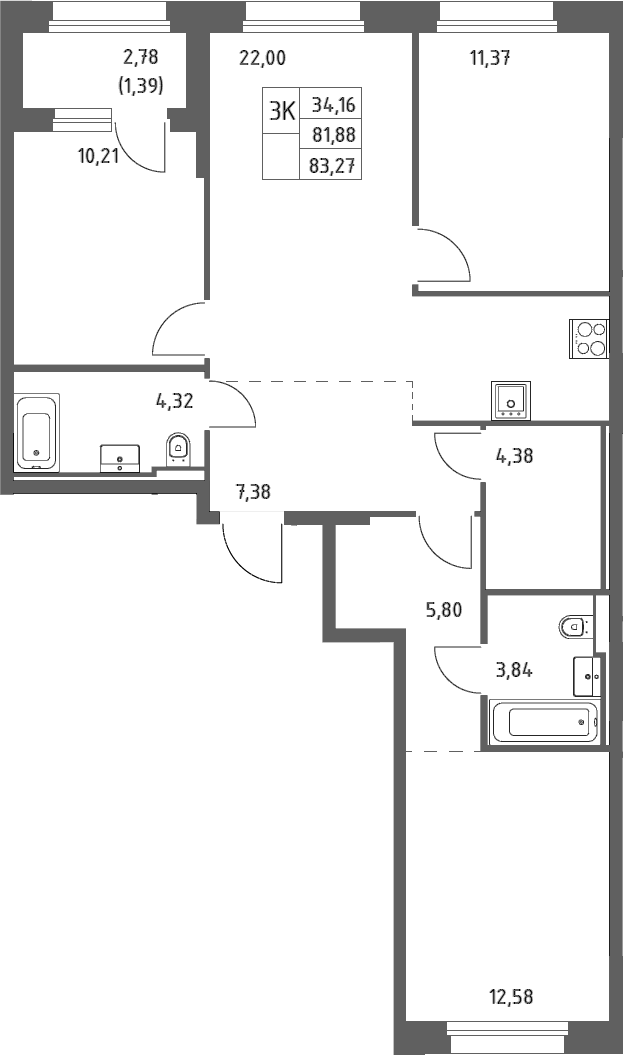 3-комн., 81.88 м², 8/9 этаж, ЖК «Заречье Парк»