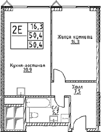 2-комн., 50.4 м², 11/29 этаж, ЖК «Наметкин Тауэр»