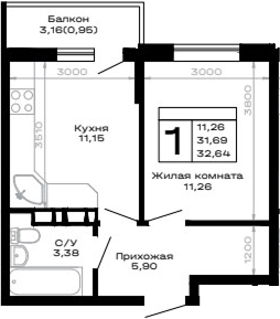 1-комн., 31.69 м², 8/16 этаж, ЖК «Горные высоты»