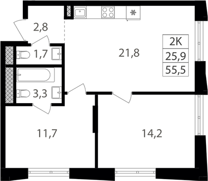 2-комн., 55.5 м², 4/26 этаж, ЖК «Семеновский парк 2»