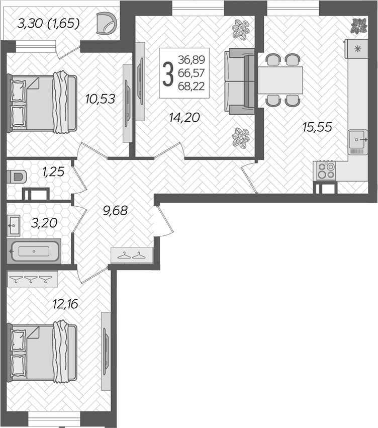 3-комн. квартира, 66.57 м² в ЖК Смородина — фото 2