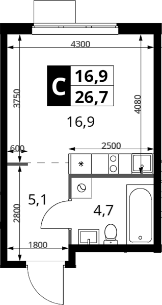 Студия, 26.7 м², 19/23 этаж, ЖК «1-й Измайловский»