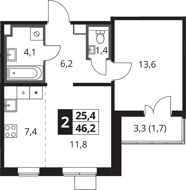 2-комн., 44.5 м², 20/23 этаж, ЖК «1-й Южный»