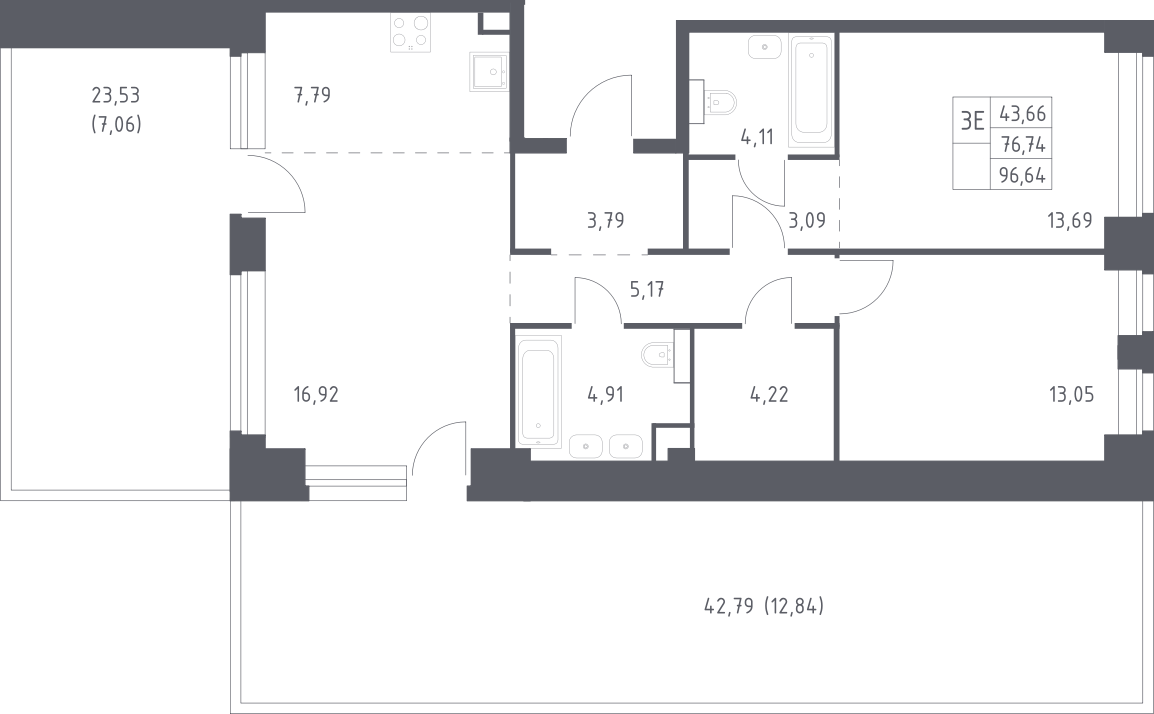 3-комн., 76.74 м², 12/12 этаж, ЖК «НОВА»
