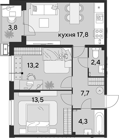 3-комн. квартира, 58.9 м² в ЖК Парк Победы — фото 2