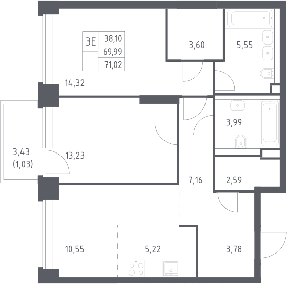 3-комн., 69.99 м², 4/12 этаж, ЖК «НОВА»
