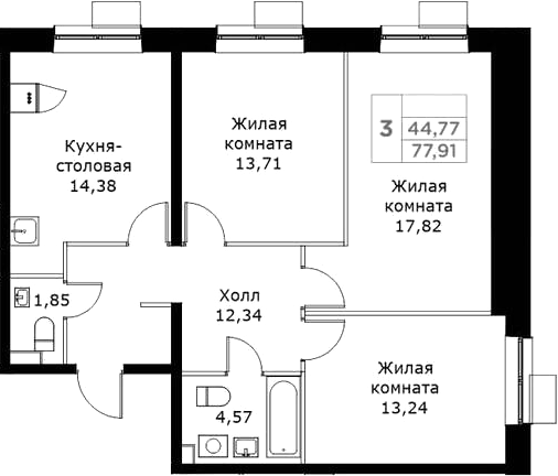 3-комн., 77.91 м², 13/25 этаж, ЖК «КИТ»
