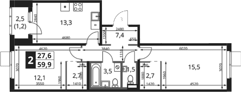 2-комн., 58.7 м², 14/18 этаж, ЖК «1-й Ясеневский»