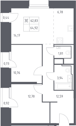 3-комн., 62.83 м², 8/30 этаж, ЖК «Скай Спутник»
