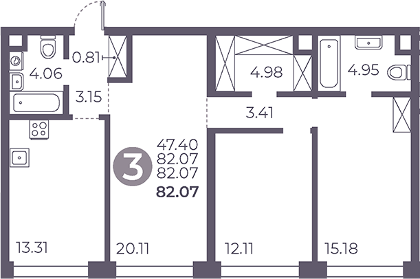 3-комн., 82.07 м², 5/39 этаж, ЖК «Мневники от Гранель»