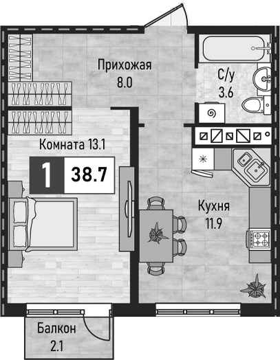 1-комн., 36.6 м², 6/8 этаж, ЖК «Живописный»