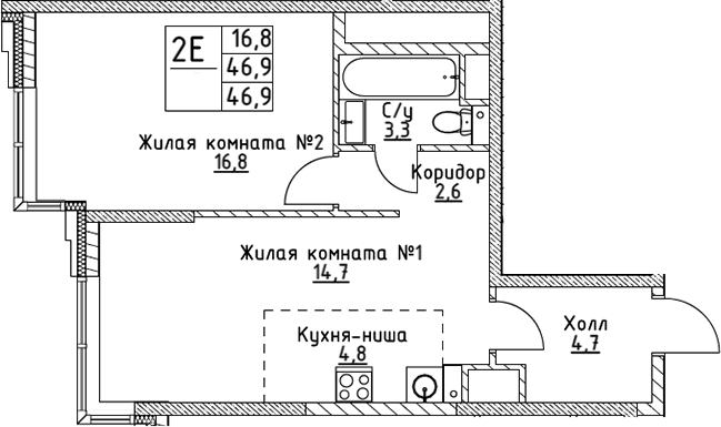 2-комн., 46.9 м², 9/19 этаж, ЖК «ВЭРИ на Миклухо-Маклая»