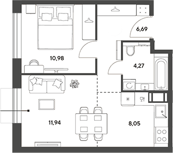 2-комн., 41.93 м², 2/15 этаж, ЖК «Публицист»