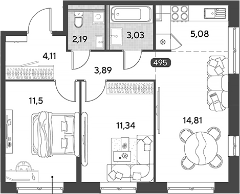 3-комн., 55.95 м², 15/21 этаж, ЖК «Космопарк»