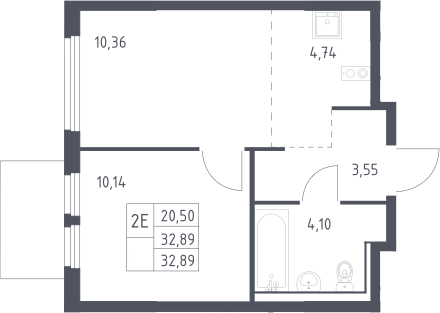 2-комн., 32.89 м², 11/17 этаж, ЖК «Пригород Лесное»